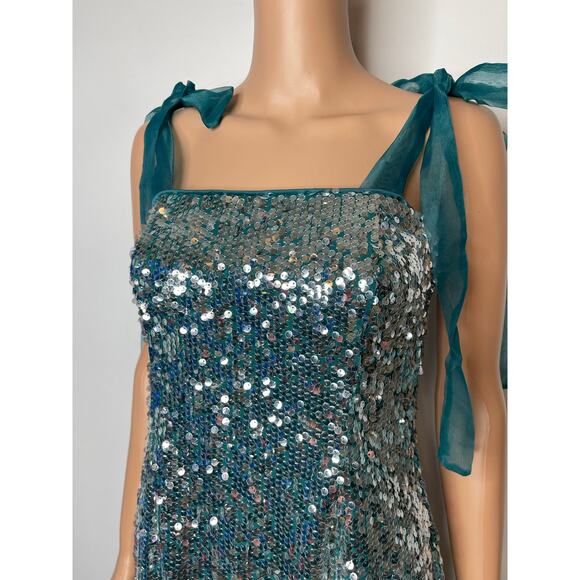 Lulus Dazzling Spectacle Teal and Silver Sequin Mini Dress Tie-Strap size S New - Picture 6 of 11